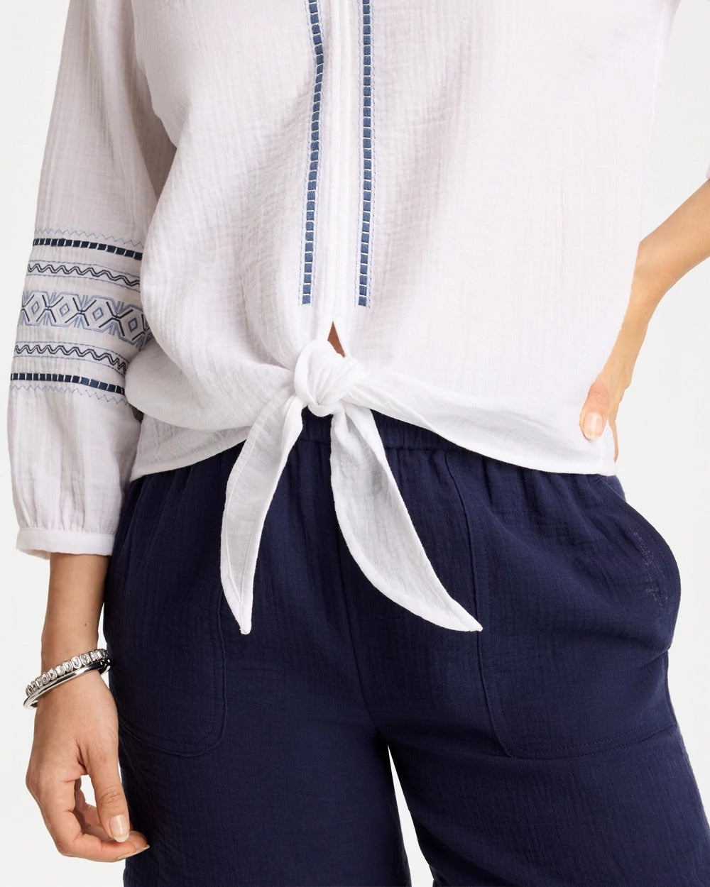 Chico's Cotton Gauze Embroidered Tie-Front Blouse Alabaster