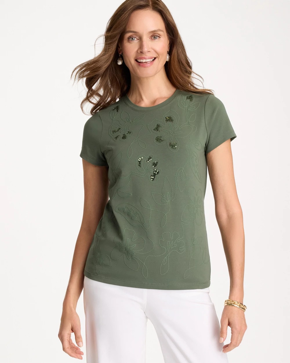 Chico's Embellished Cotton Stretch Cap-Sleeve Tee Kelp Forest