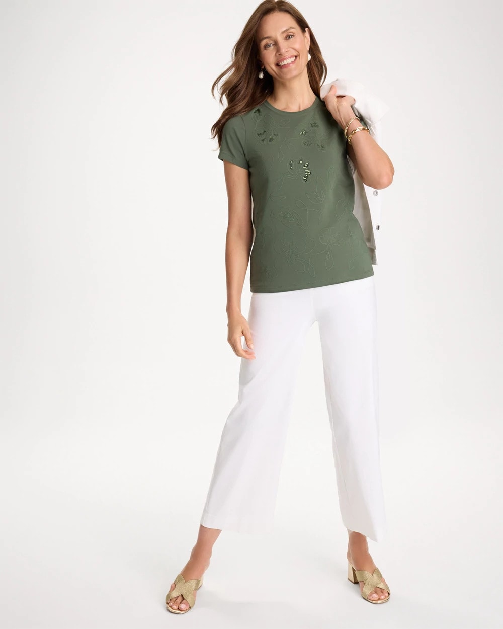 Chico's Embellished Cotton Stretch Cap-Sleeve Tee Kelp Forest