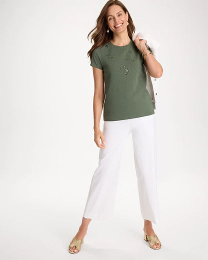 Chico's Embellished Cotton Stretch Cap-Sleeve Tee Kelp Forest