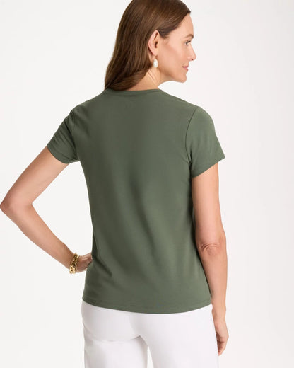 Chico's Embellished Cotton Stretch Cap-Sleeve Tee Kelp Forest