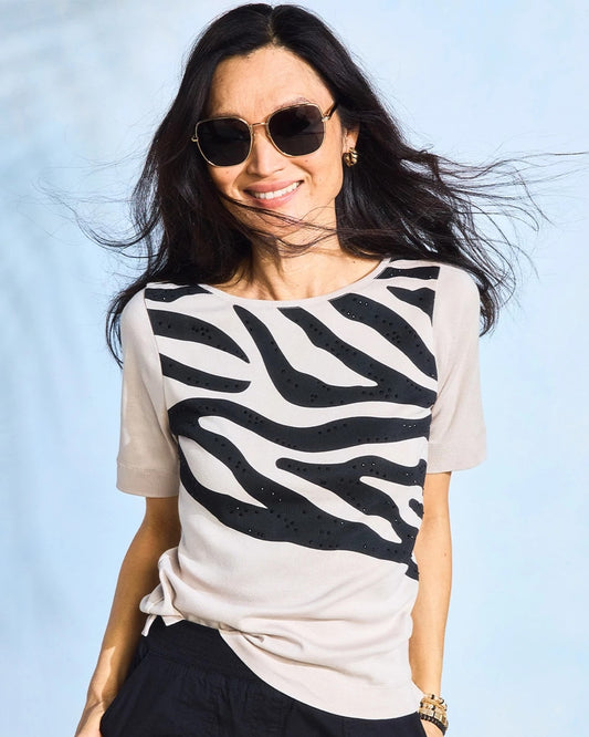 Chico's Zebra Pima Elbow Sleeve Tee Smokey Taupe