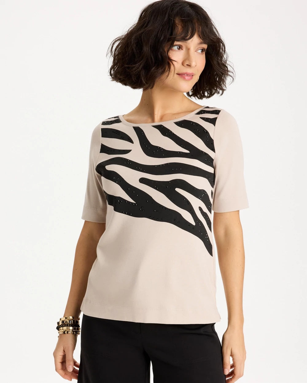 Chico's Zebra Pima Elbow Sleeve Tee Smokey Taupe
