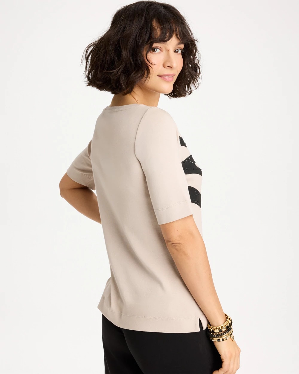 Chico's Zebra Pima Elbow Sleeve Tee Smokey Taupe