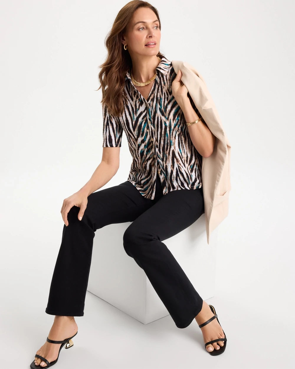 Chico's Tiger Print Textured Camp Tee Lagoon Blue