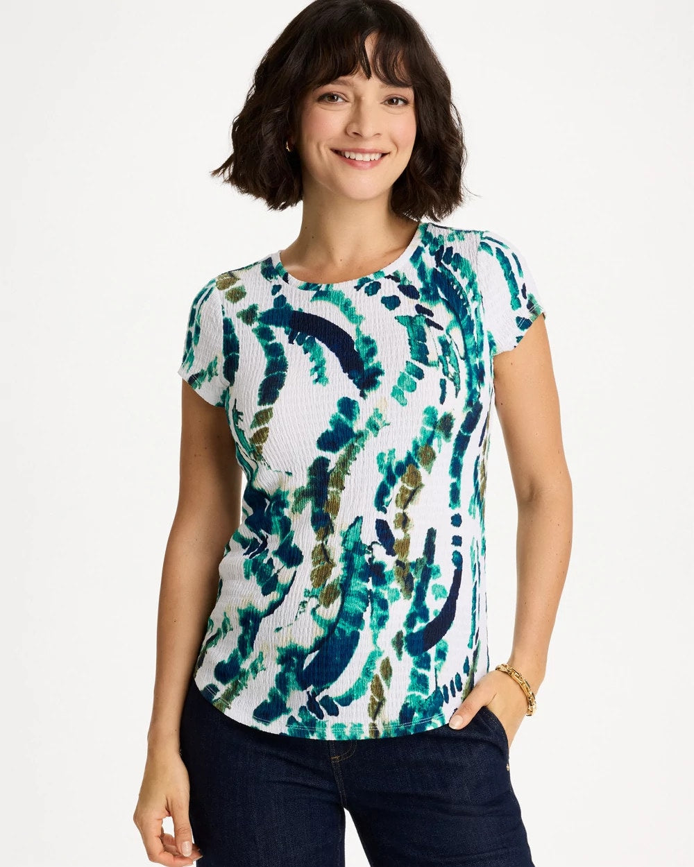 Chico's Printed Textured Knit Cap Sleeve Tee Topanga Green