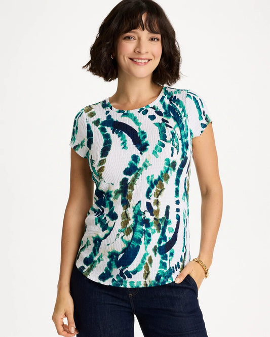 Chico's Printed Textured Knit Cap Sleeve Tee Topanga Green