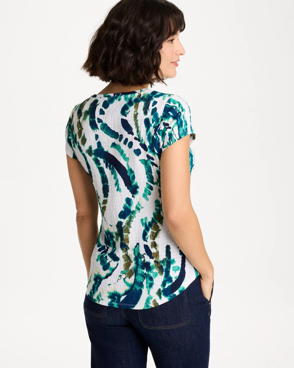 Chico's Printed Textured Knit Cap Sleeve Tee Topanga Green