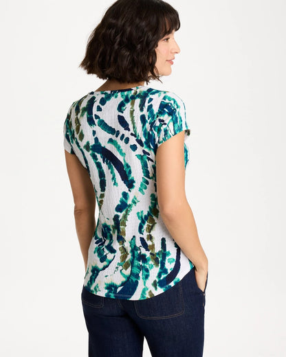 Chico's Printed Textured Knit Cap Sleeve Tee Topanga Green