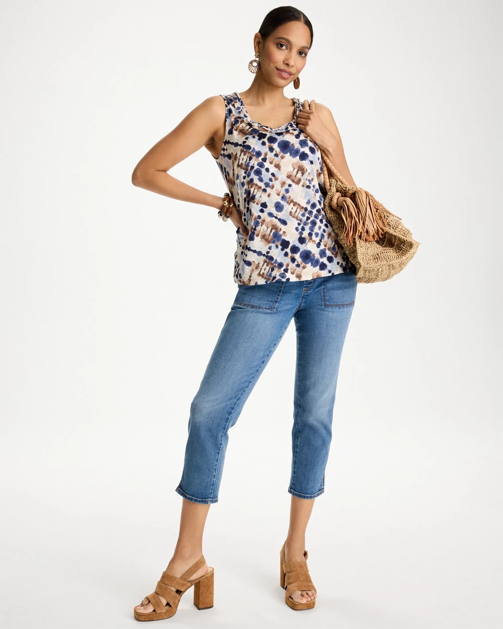 Chico's Printed Jersey Satin Tank Top Passport Blue