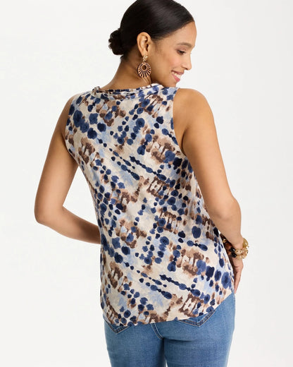 Chico's Printed Jersey Satin Tank Top Passport Blue