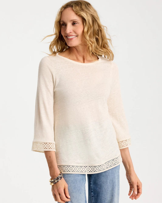 Chico's Linen Crochet Lace Tee Natural Cream