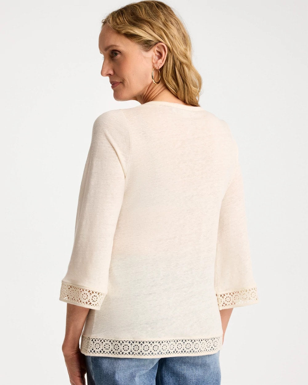 Chico's Linen Crochet Lace Tee Natural Cream
