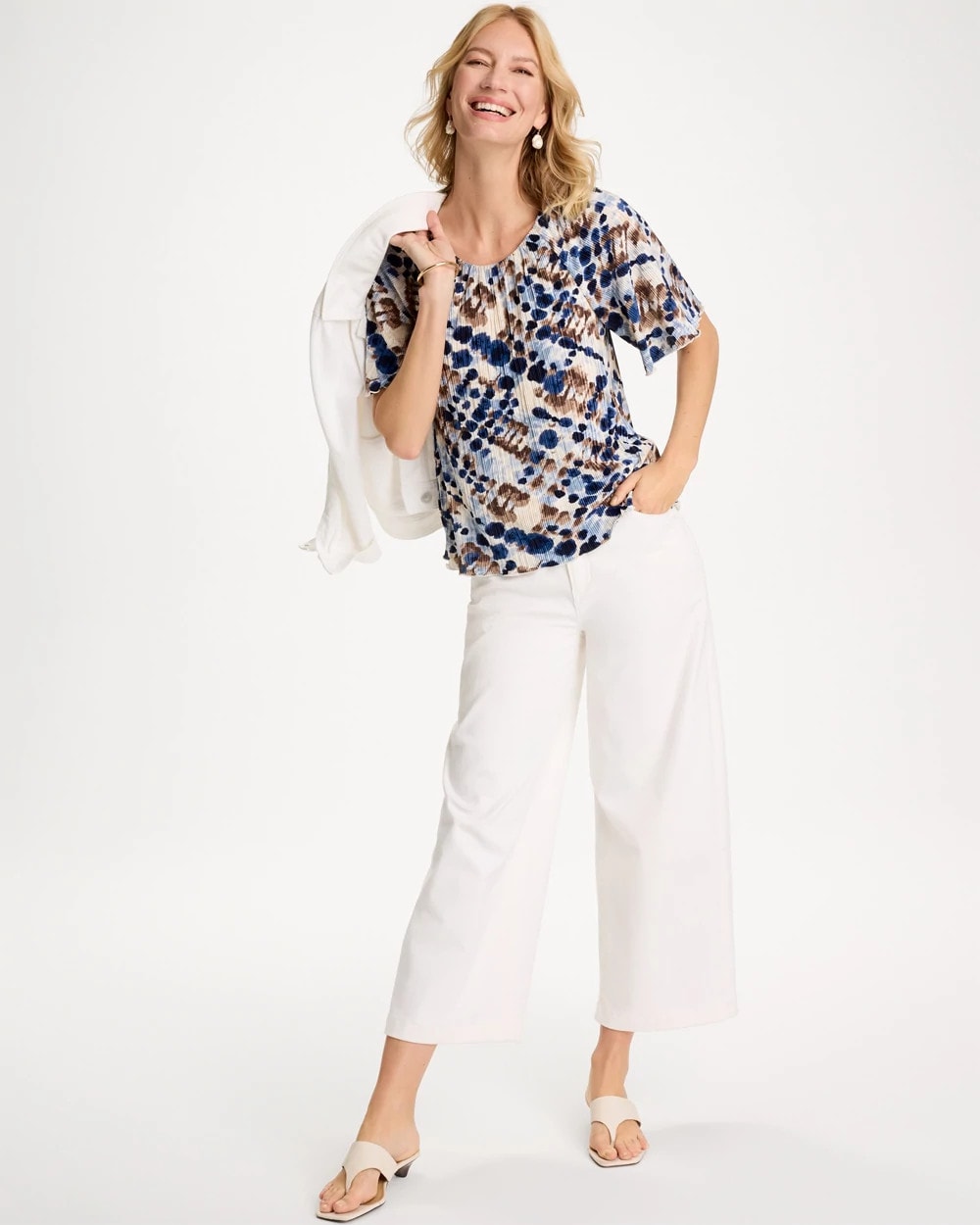 Chico's Printed Bodre Tee Passport Blue