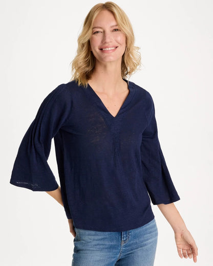 Chico's Linen Pleated Pintuck Tee Passport Blue