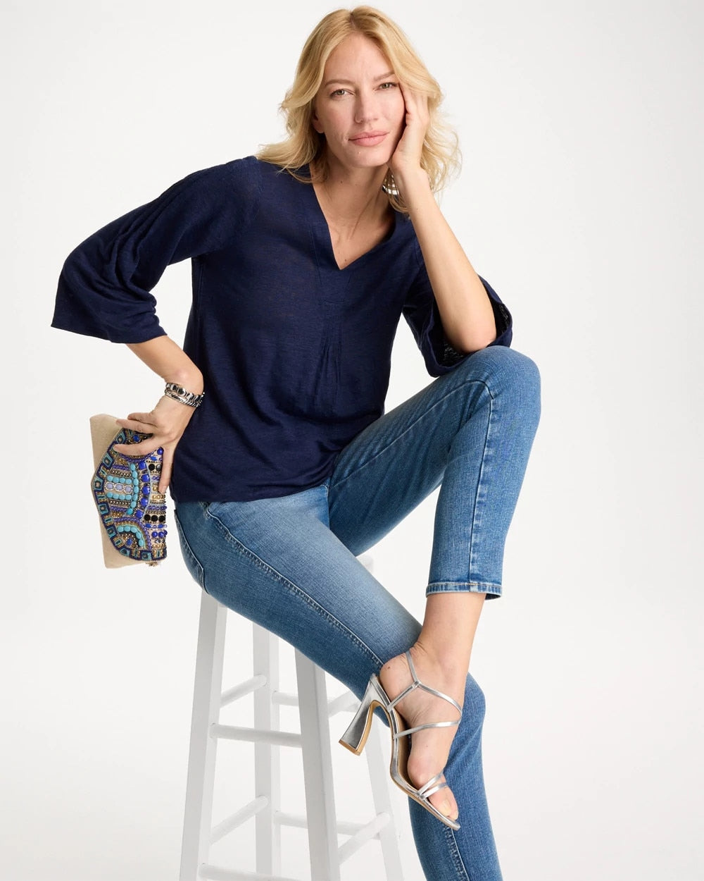 Chico's Linen Pleated Pintuck Tee Passport Blue