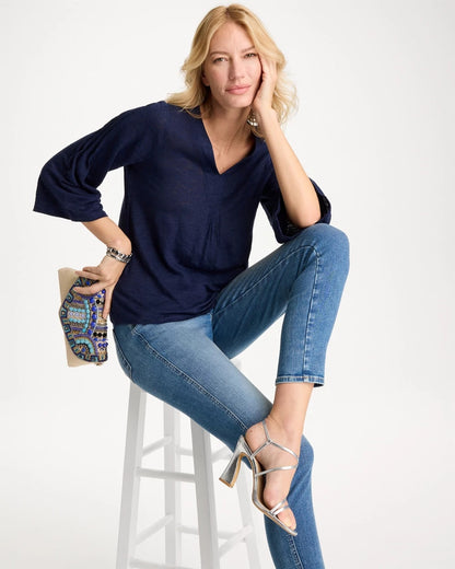 Chico's Linen Pleated Pintuck Tee Passport Blue