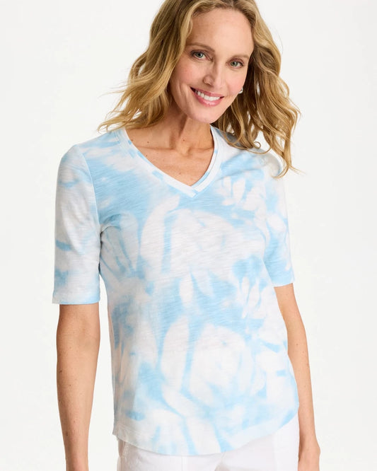 Chico's Tie-Dye Palm Cotton Slub V-Neck Tee Blue Haven
