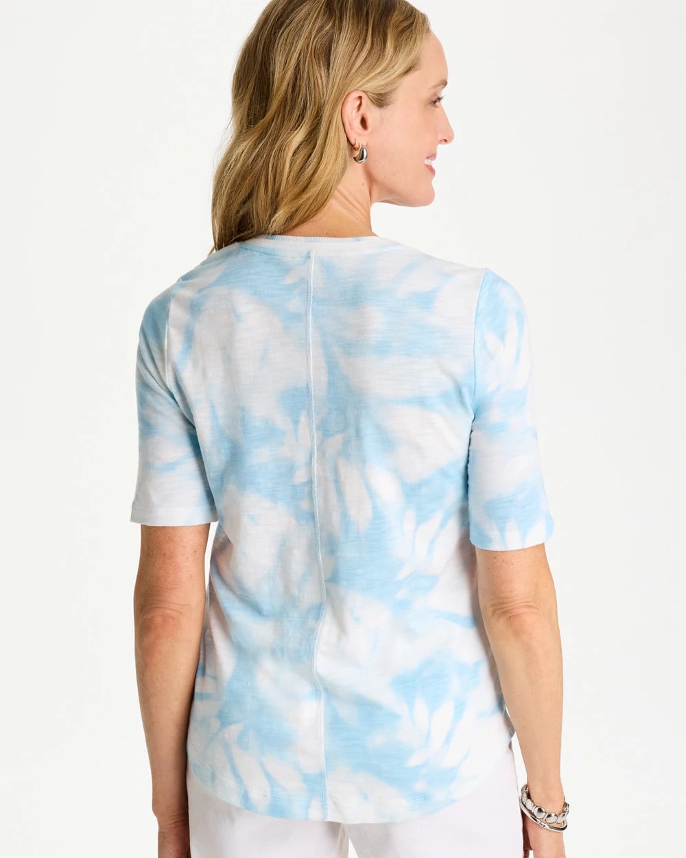 Chico's Tie-Dye Palm Cotton Slub V-Neck Tee Blue Haven