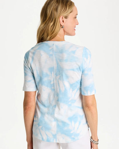 Chico's Tie-Dye Palm Cotton Slub V-Neck Tee Blue Haven
