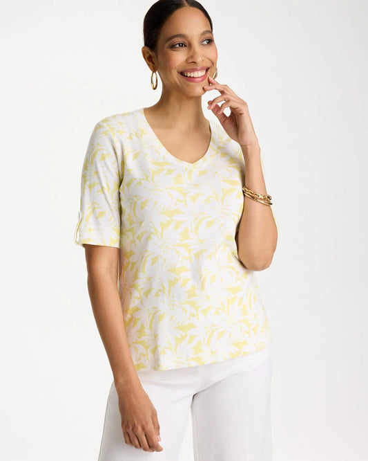 Chico's Printed Pima Elbow-Sleeve Tee Sage Lime