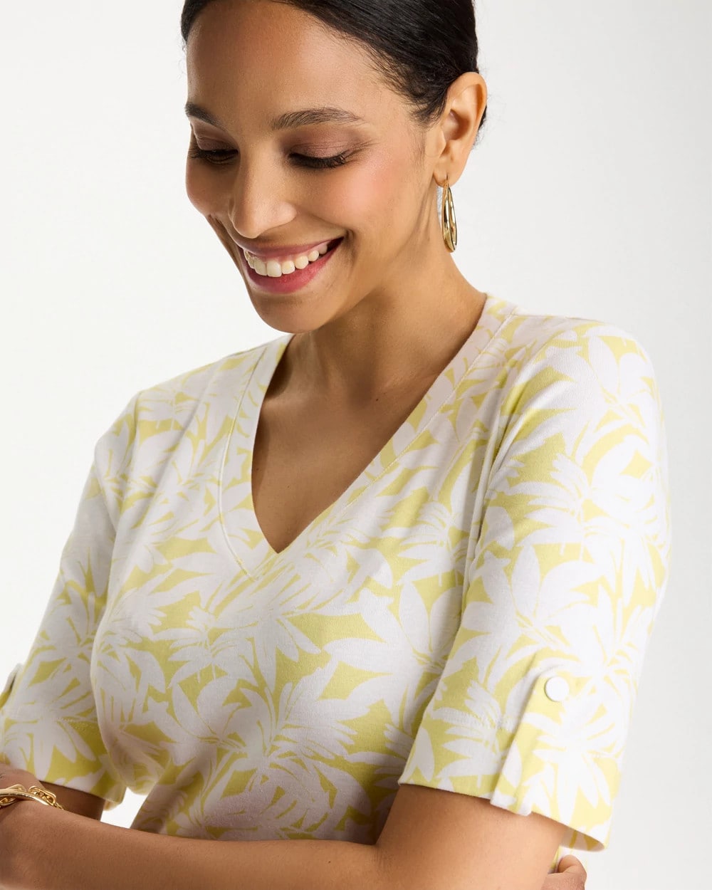 Chico's Printed Pima Elbow-Sleeve Tee Sage Lime