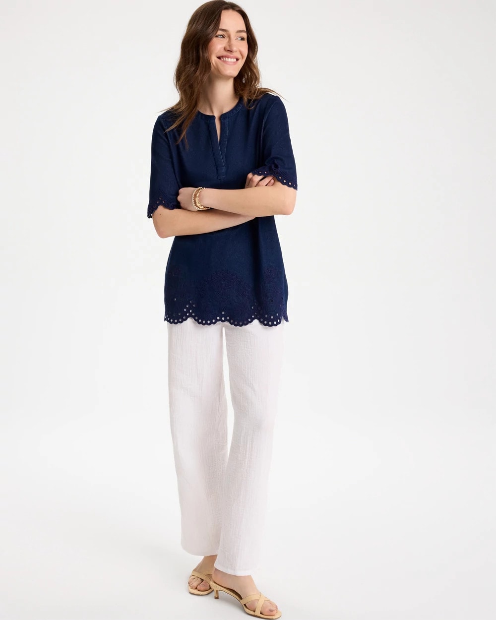 Chico's Embroidered Cotton-Blend Tunic Dark Wash