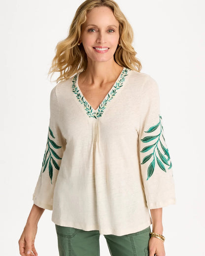 Chico's Linen Palm Embroidered Pleated Tee Natural Cream