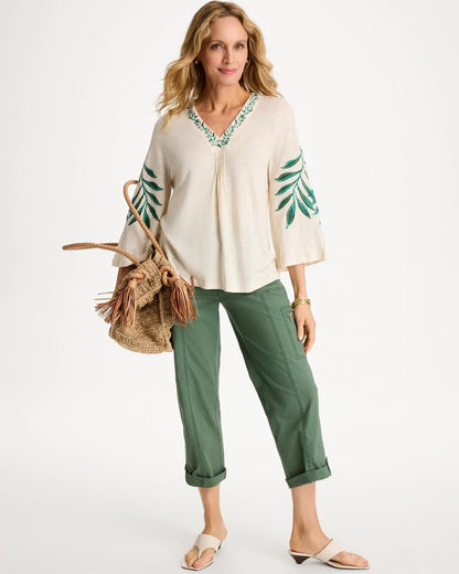 Chico's Linen Palm Embroidered Pleated Tee Natural Cream