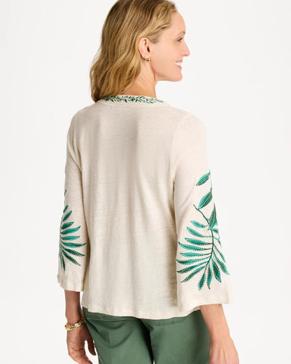 Chico's Linen Palm Embroidered Pleated Tee Natural Cream