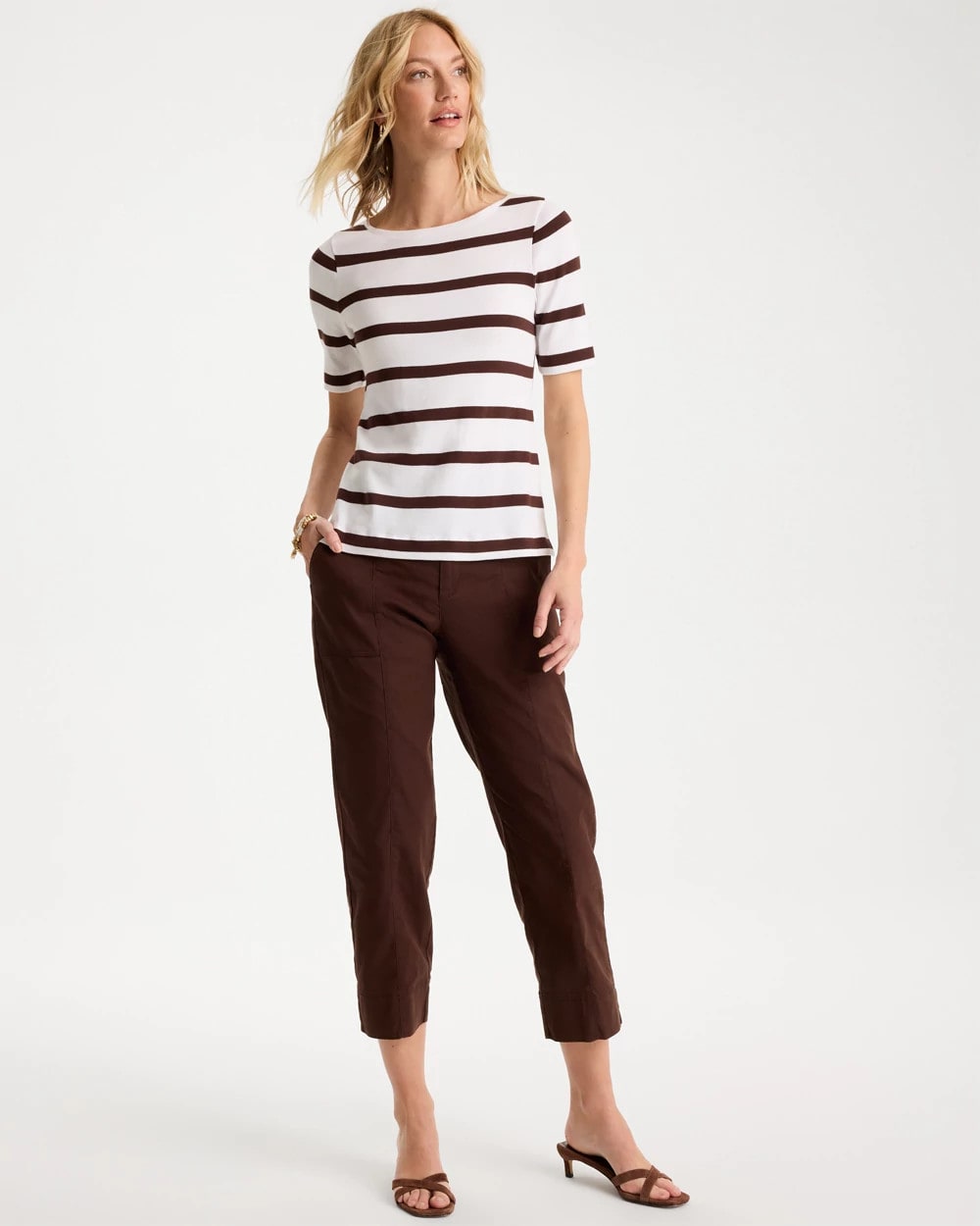 Chico's Striped Pima Elbow Sleeve Tee Alabaster