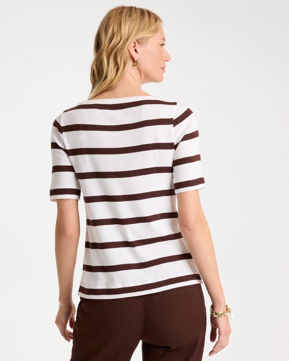 Chico's Striped Pima Elbow Sleeve Tee Alabaster