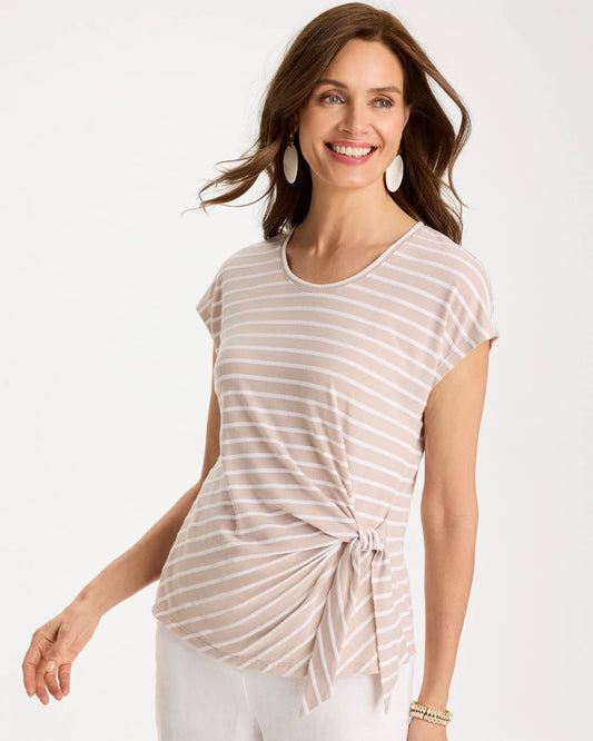 Chico's Striped Tie-Front Tee Smokey Taupe
