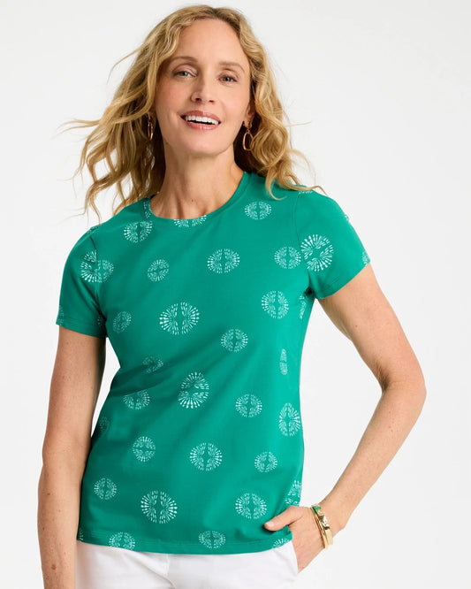 Chico's Printed Cotton Stretch Cap-Sleeve Tee Topanga Green