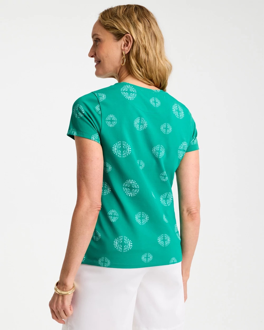 Chico's Printed Cotton Stretch Cap-Sleeve Tee Topanga Green