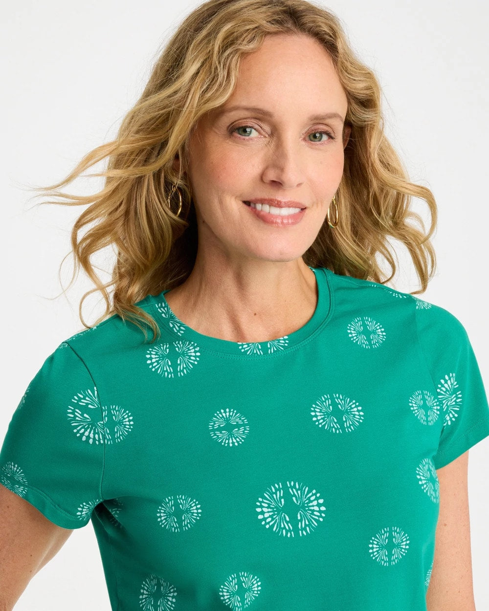 Chico's Printed Cotton Stretch Cap-Sleeve Tee Topanga Green