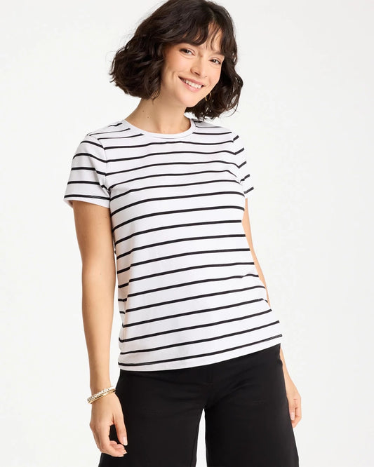 Chico's Striped Cotton Stretch Cap-Sleeve Tee Black