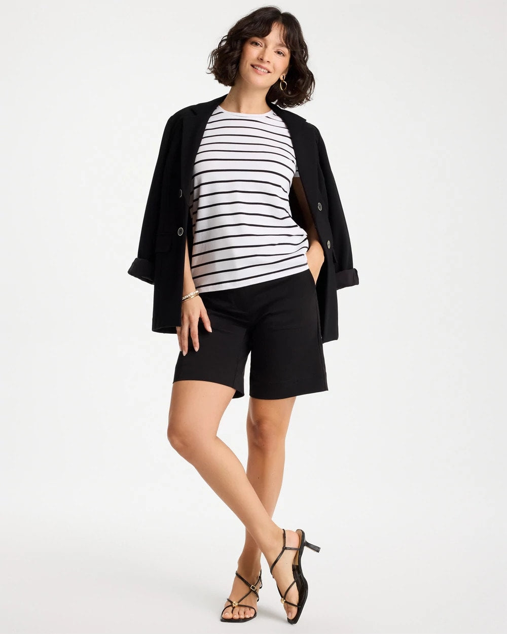 Chico's Striped Cotton Stretch Cap-Sleeve Tee Black