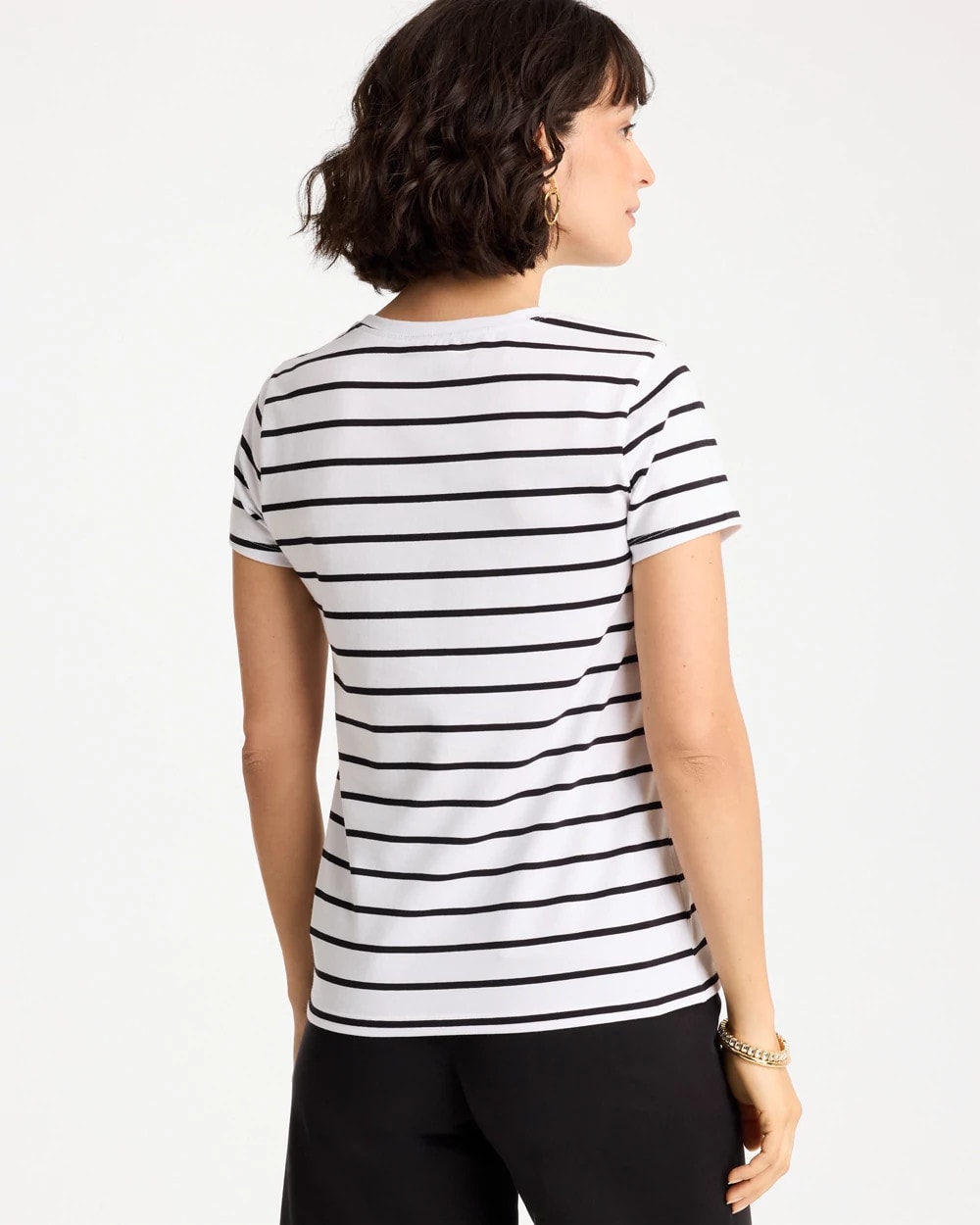 Chico's Striped Cotton Stretch Cap-Sleeve Tee Black