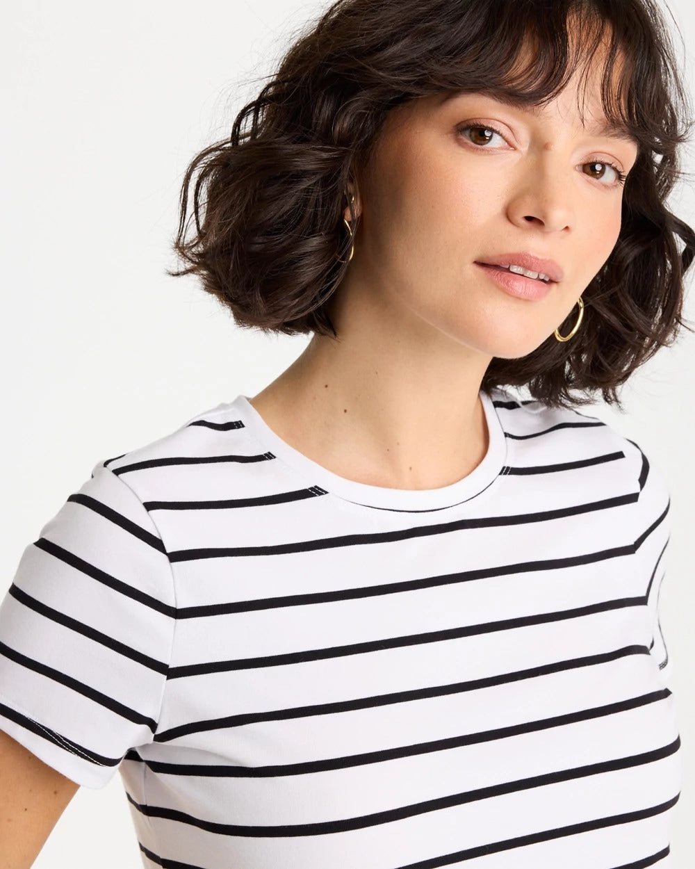 Chico's Striped Cotton Stretch Cap-Sleeve Tee Black