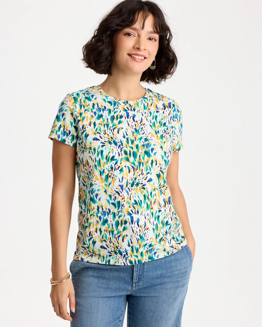 Chico's Printed Cotton Stretch Cap-Sleeve Tee Alabaster