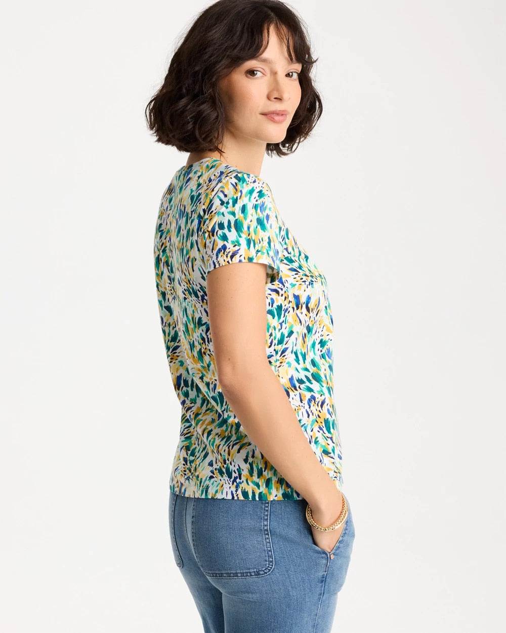 Chico's Printed Cotton Stretch Cap-Sleeve Tee Alabaster