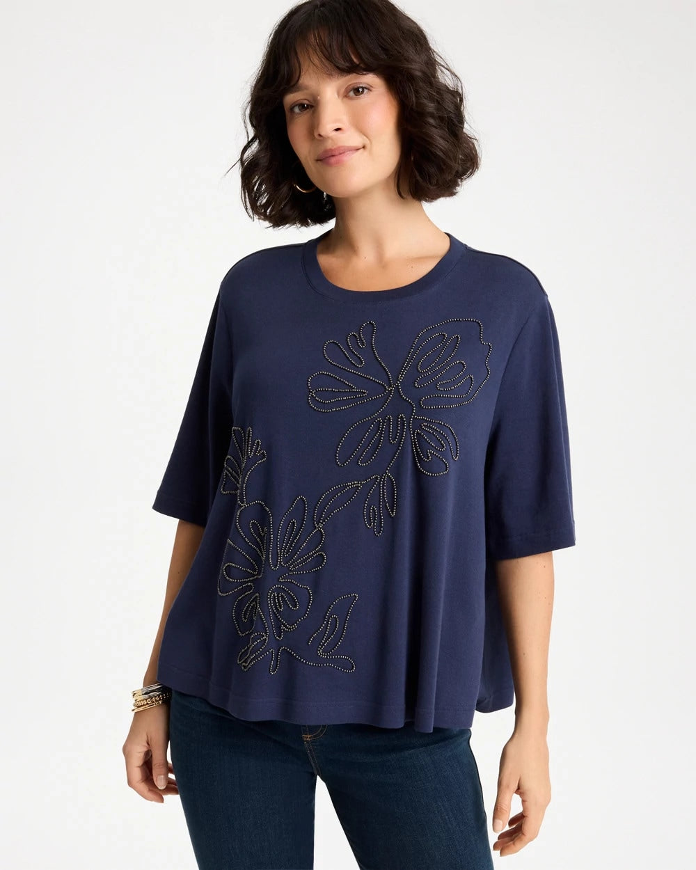 Chico's Caviar Beaded Cotton Tee Passport Blue
