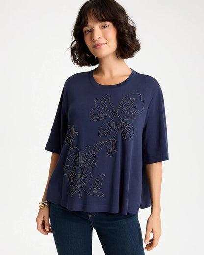 Chico's Caviar Beaded Cotton Tee Passport Blue