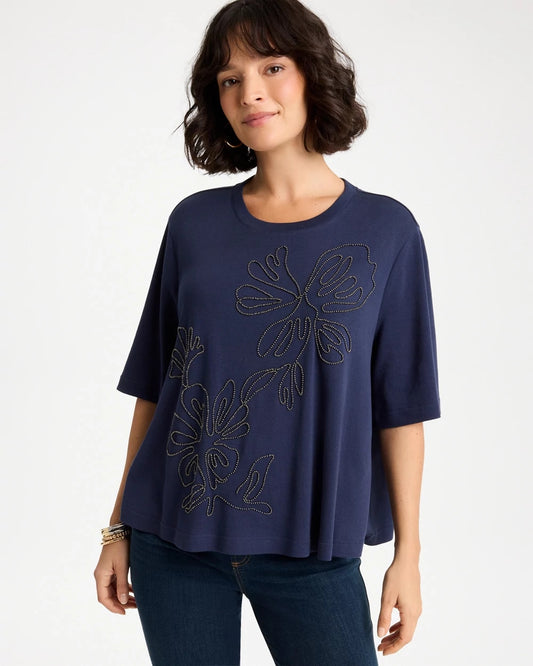 Chico's Caviar Beaded Cotton Tee Passport Blue