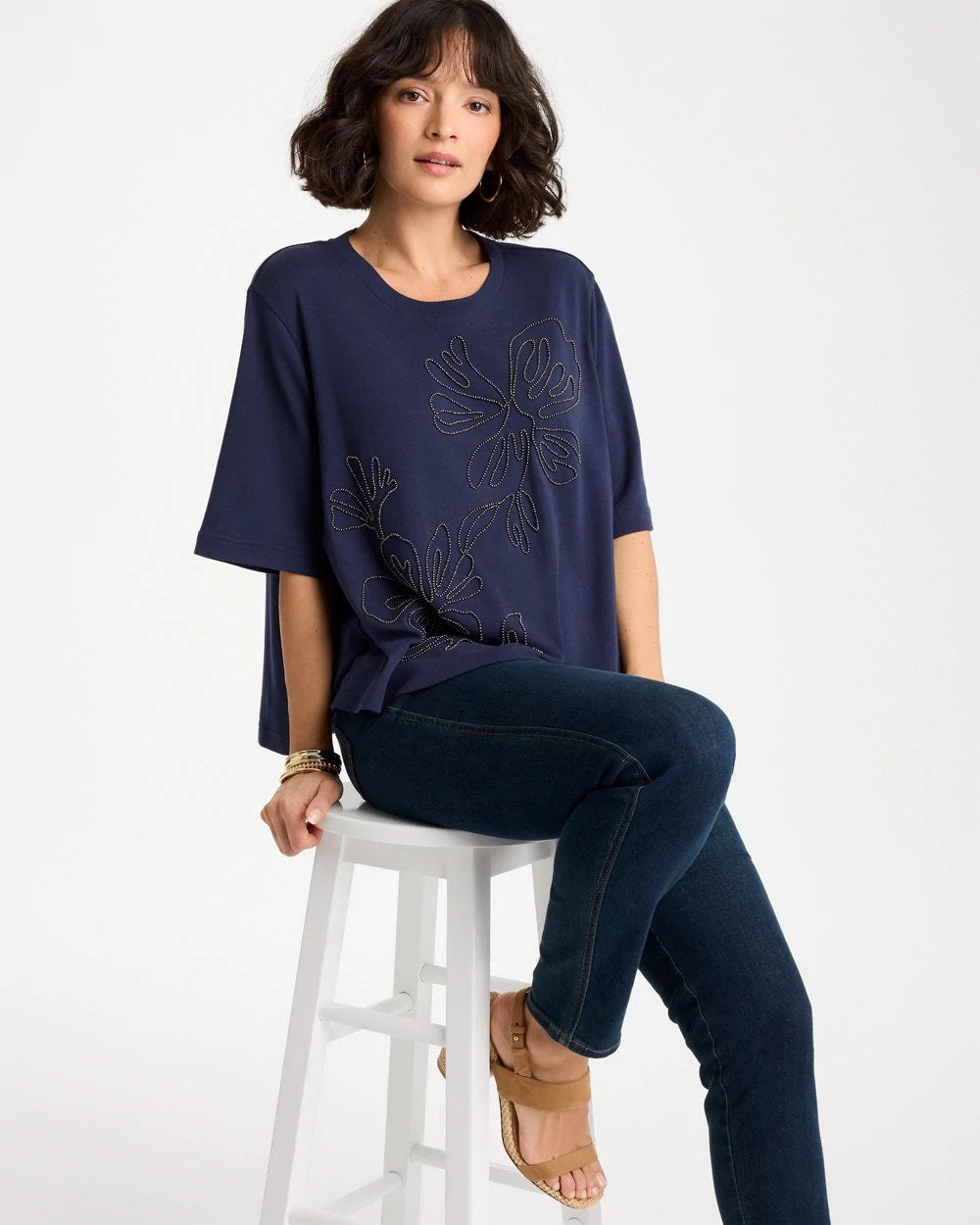 Chico's Caviar Beaded Cotton Tee Passport Blue