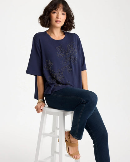 Chico's Caviar Beaded Cotton Tee Passport Blue