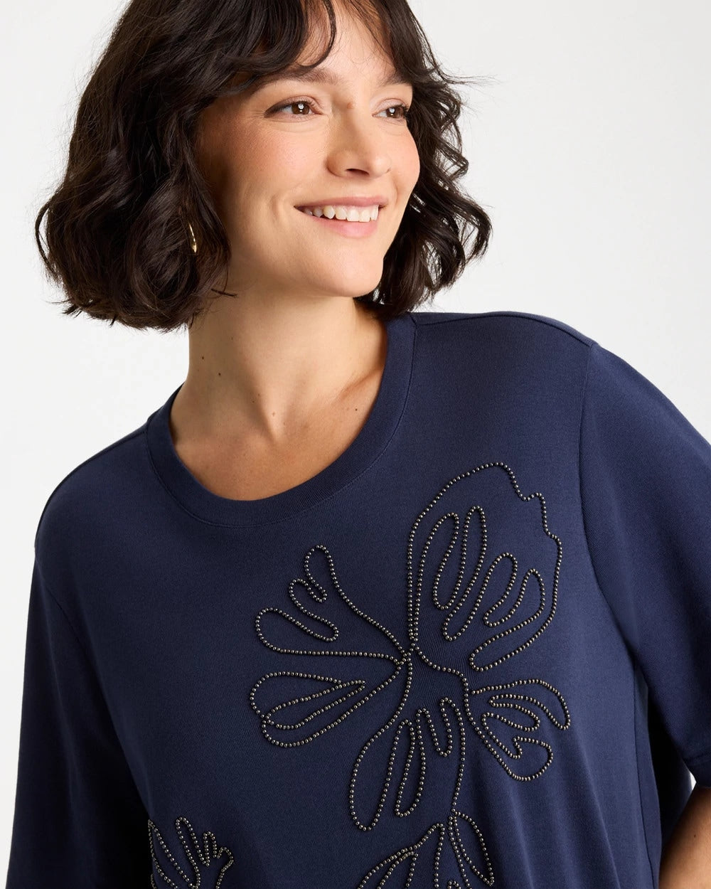 Chico's Caviar Beaded Cotton Tee Passport Blue