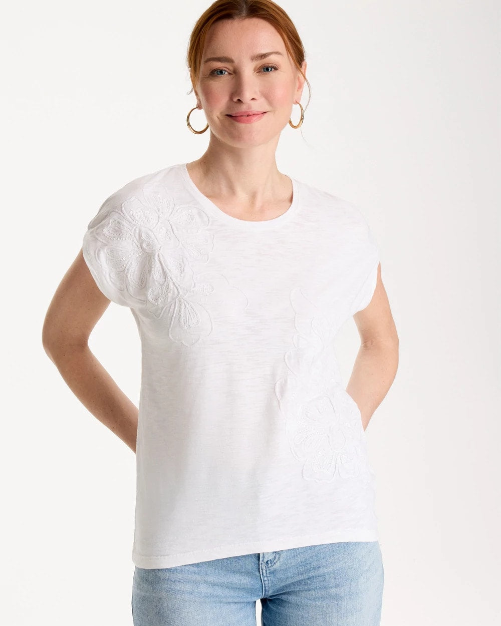 Chico's Cotton Slub Embroidered Wedge Tee Alabaster