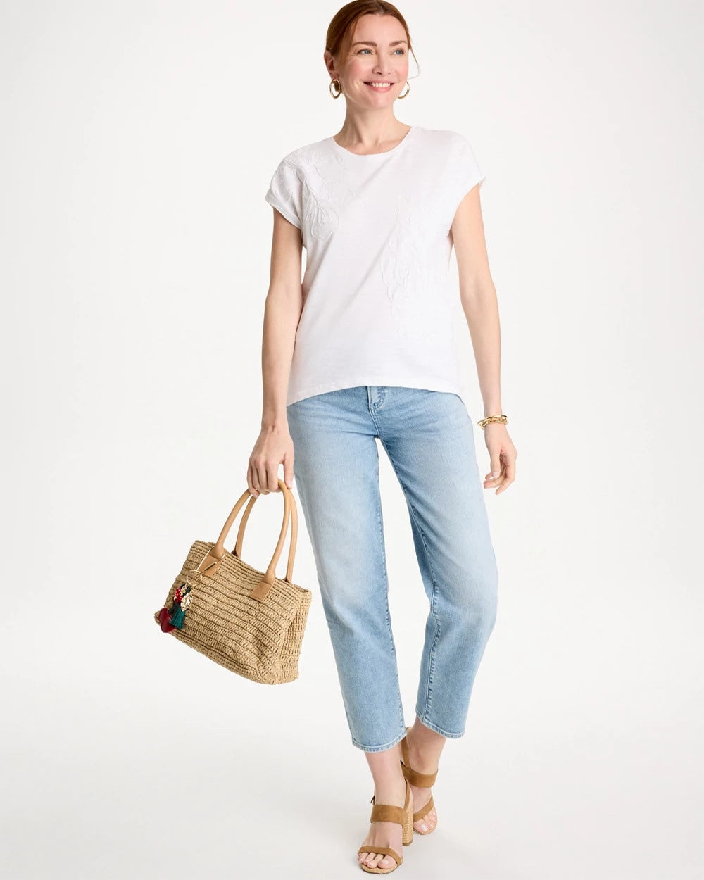 Chico's Cotton Slub Embroidered Wedge Tee Alabaster